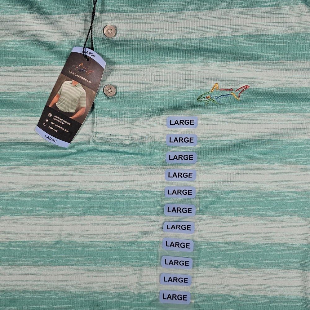 Greg Norman Play Dry Polo Shirt Mens Large NWT Aqua Striped Golf Shark Logo - Picture 2 of 10